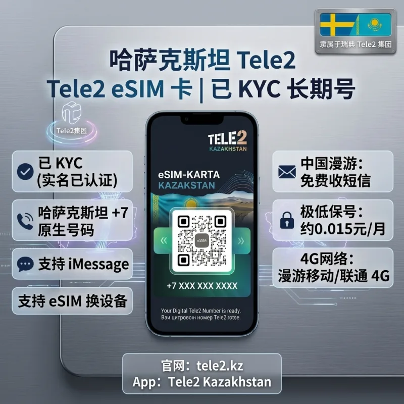 哈萨克斯坦 Tele2 eSIM卡｜已KYC｜每年保号仅0.2元｜可长期使用
